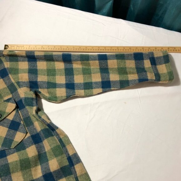Vintage Woolrich wool blue green plaid flannel shirt pockets mens L lumberjack - Picture 7 of 10